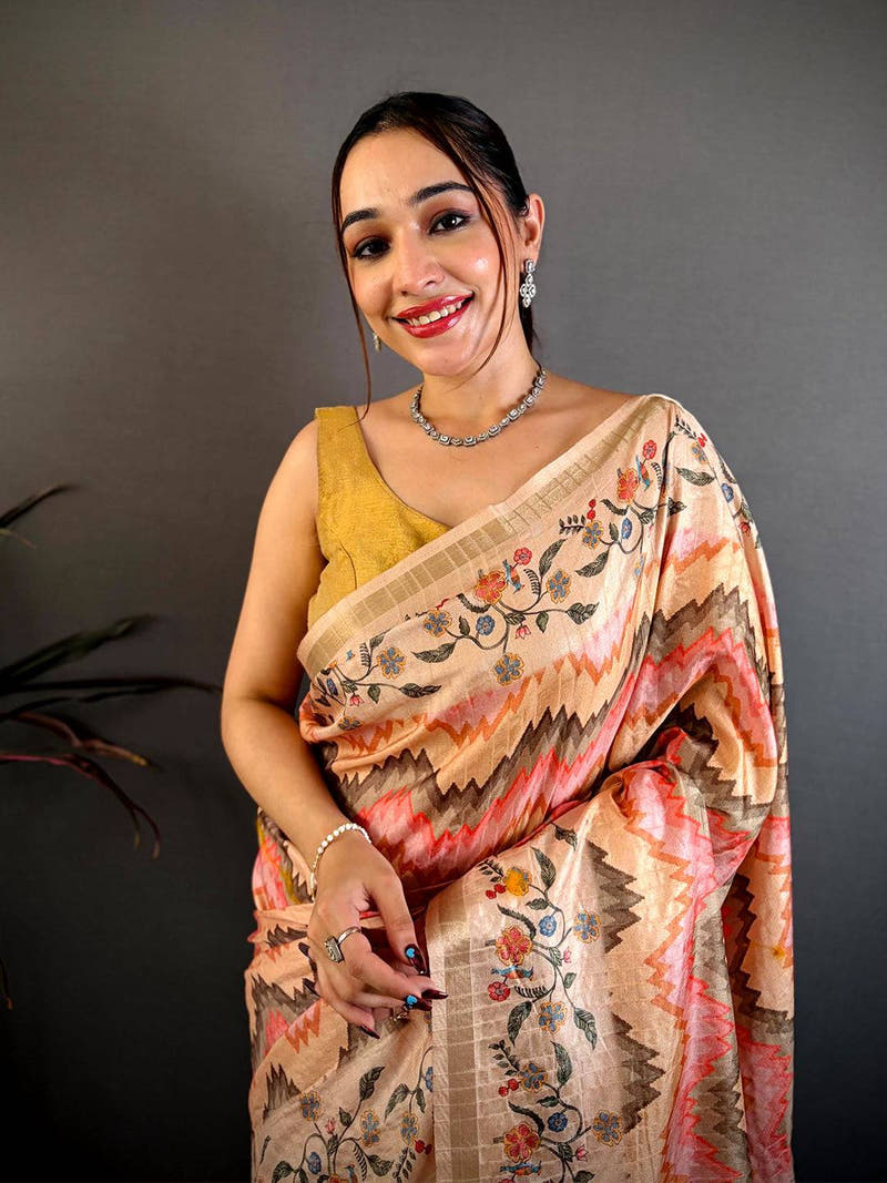 Heritage Kalamkari Ikkat Soft Tussar Saree