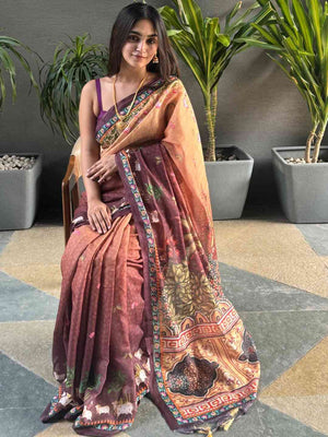 Soft Linen Ombre Pichwai Printed Wine Colour Saree