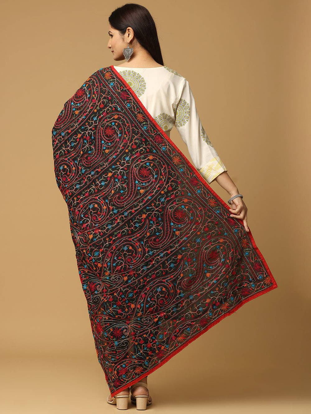 Black Green Red Floral Jaal Pashmina Dupatta