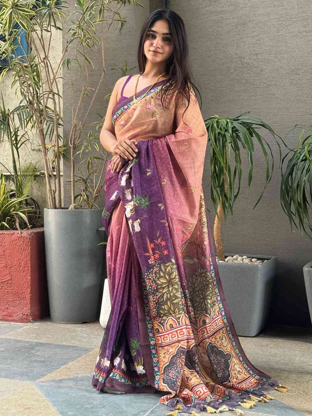 Soft Linen Ombre Pichwai Printed Purple Colour Saree