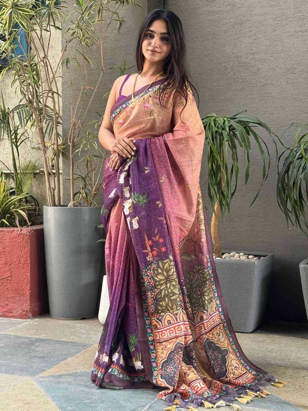 Soft Linen Ombre Pichwai Printed Purple Colour Saree