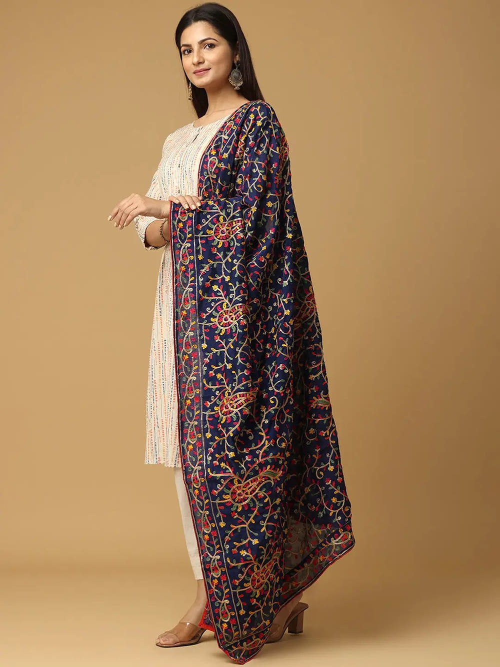 Navy Fine Paisley Border Pashmina Dupatta