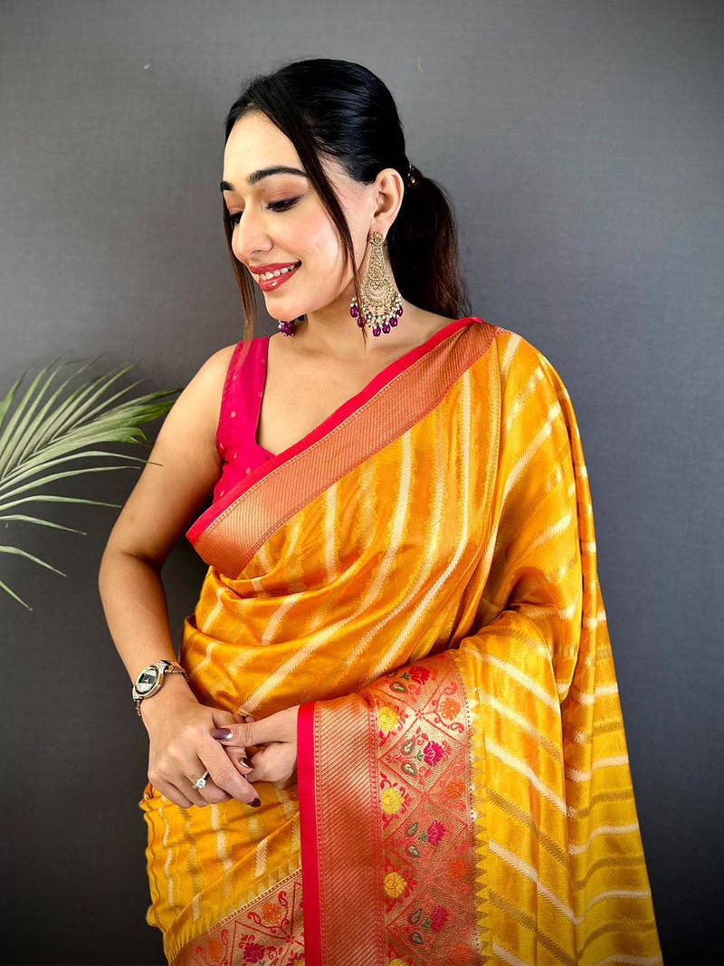 Yellow Banarasi Lehriya Katan Silk Saree