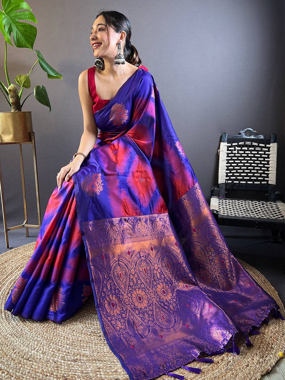 Rose Red Tussar Silk Ikkat Weaving Saree