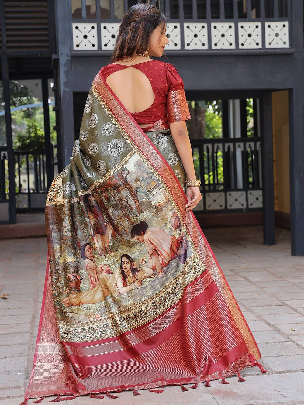 Olive Pure Viscose Dola Silk Saree With Kalamkari And Mughal Print - Luxe