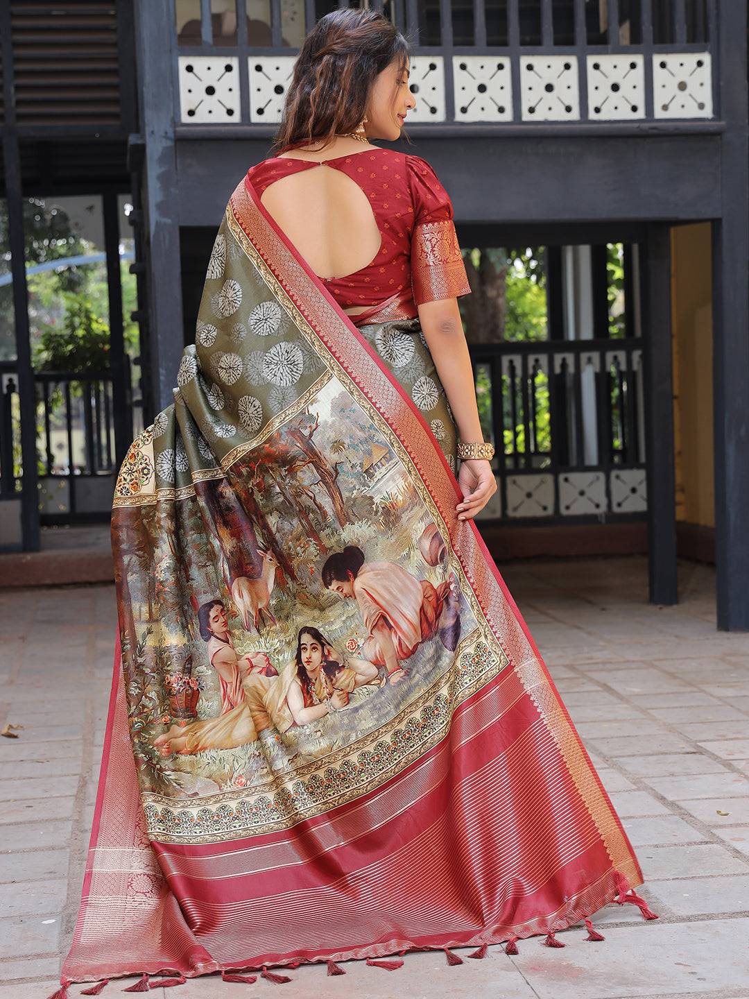 Olive Pure Viscose Dola Silk Saree With Kalamkari And Mughal Print - Luxe