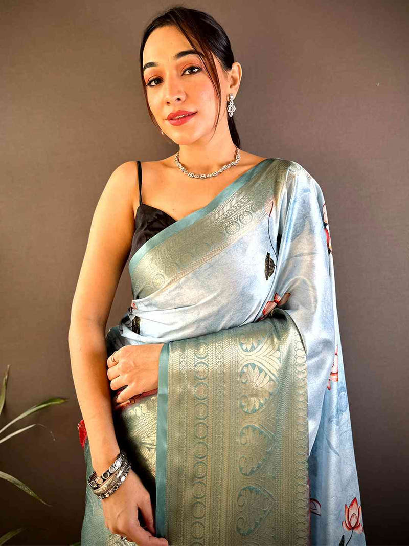 Sky Blue Pichwai Print Soft Silk Saree