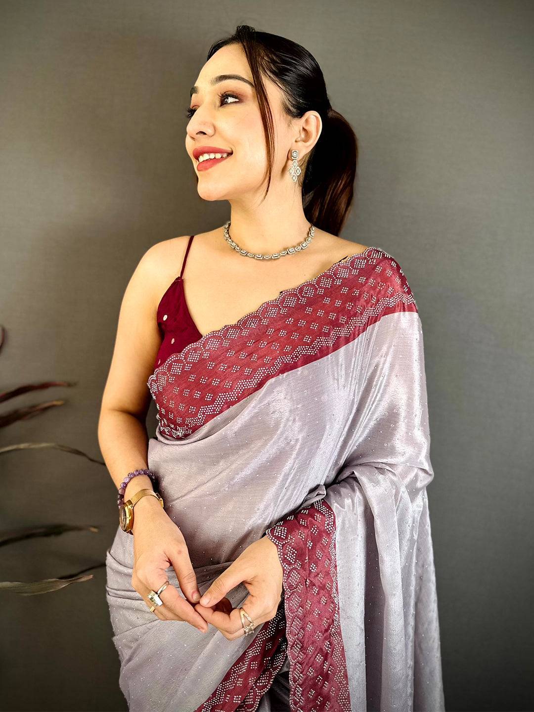 Grey Poly Chiffon Diamond Stone Work Saree