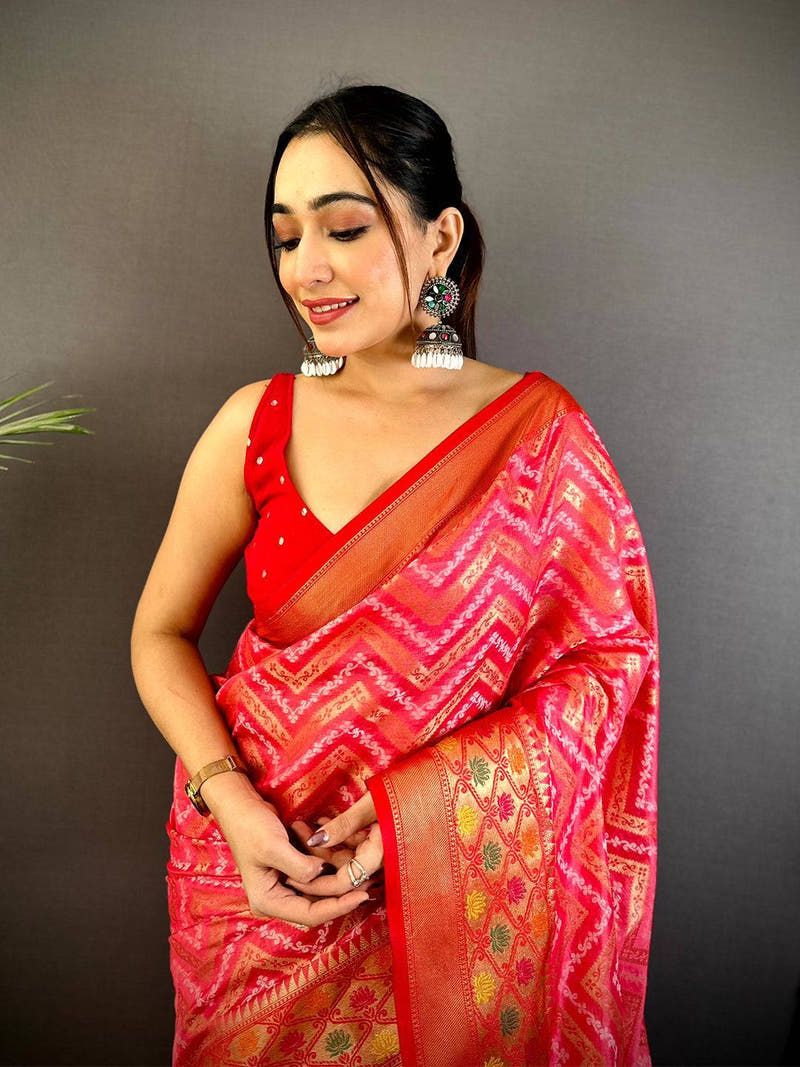 Pink Banarasi Zic Zac Katan Silk Saree