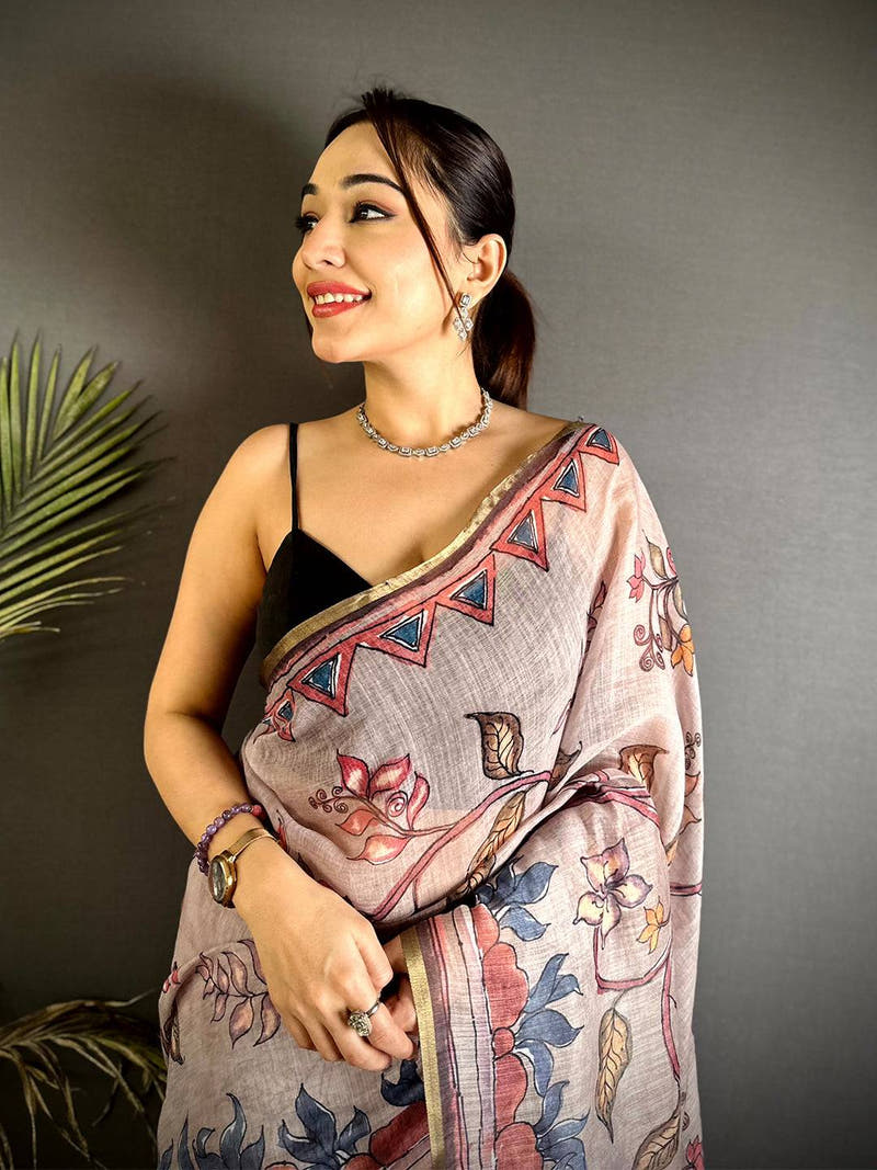 Regal Floral Hand Art Linen Saree