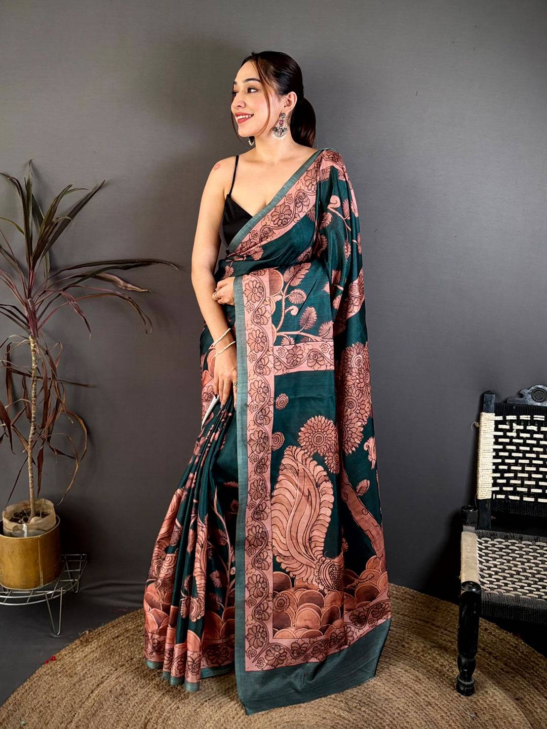 Teal Soft Tussar Kalamkari Print Saree