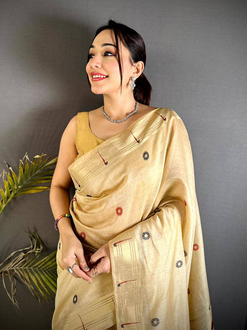 Aura Off White Minakari Butti Linen Saree