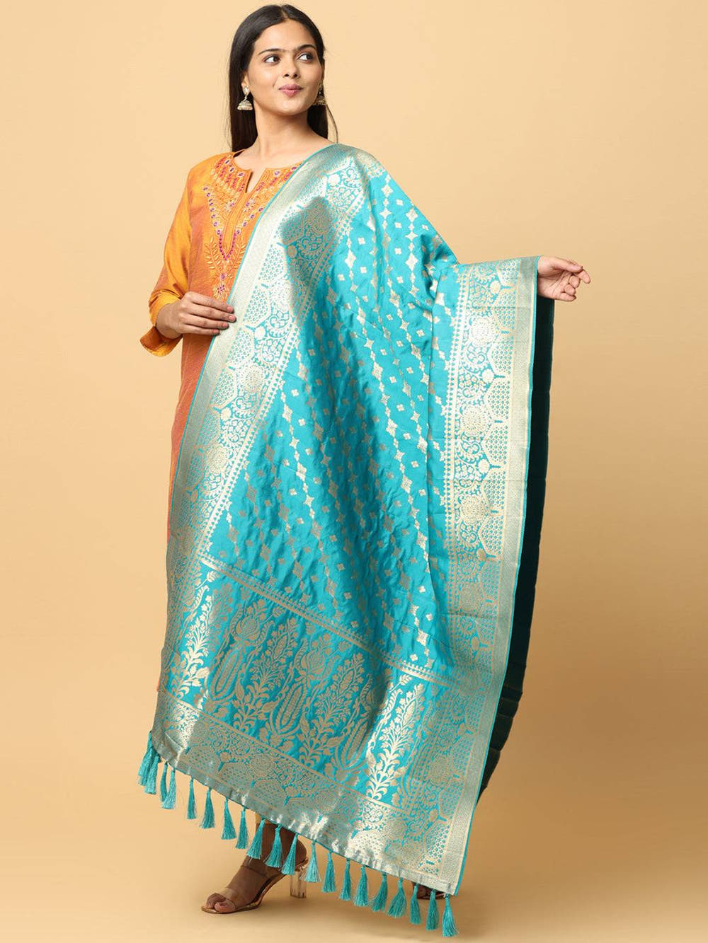 Latest Turquoise Colour Woven Design Silk Blend Dupatta