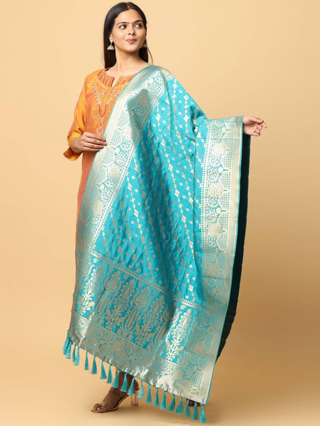 Latest Turquoise Colour Woven Design Silk Blend Dupatta