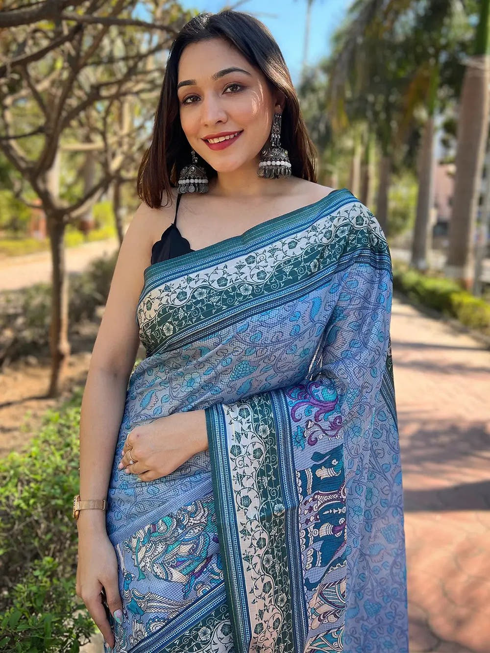 Satin Kota Doria Saree With Kalamkari Digital Print In Blue Colour
