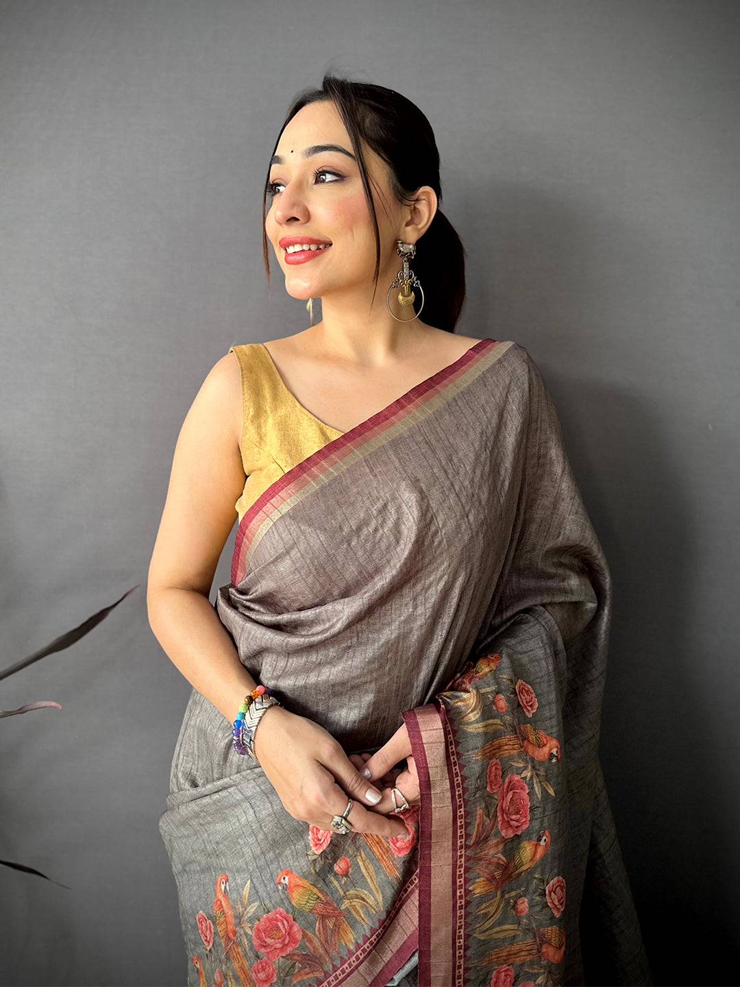 Regal Grey Ghicha  Munga  Saree