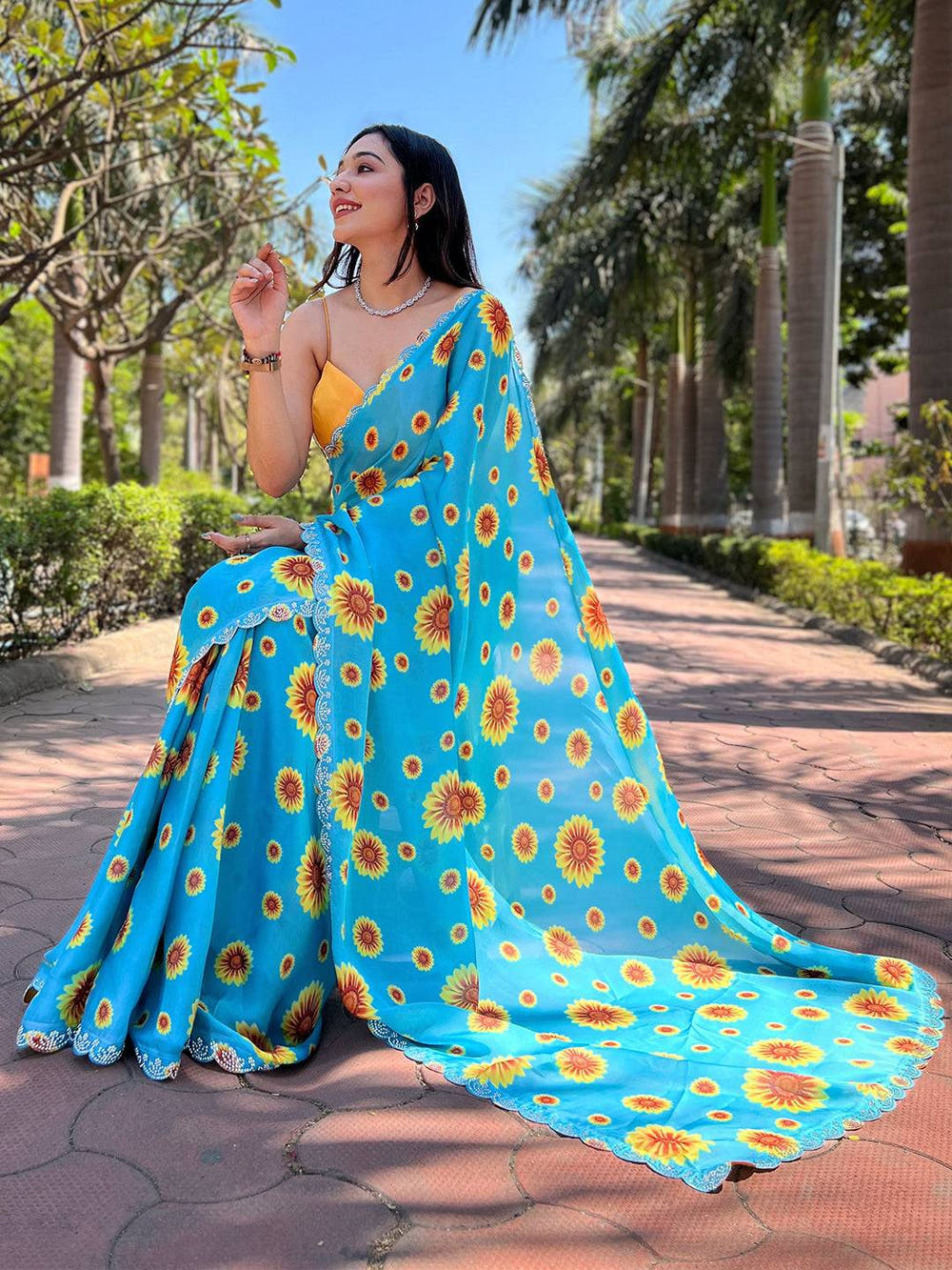 Blue Satin Georgette Floral Print Saree