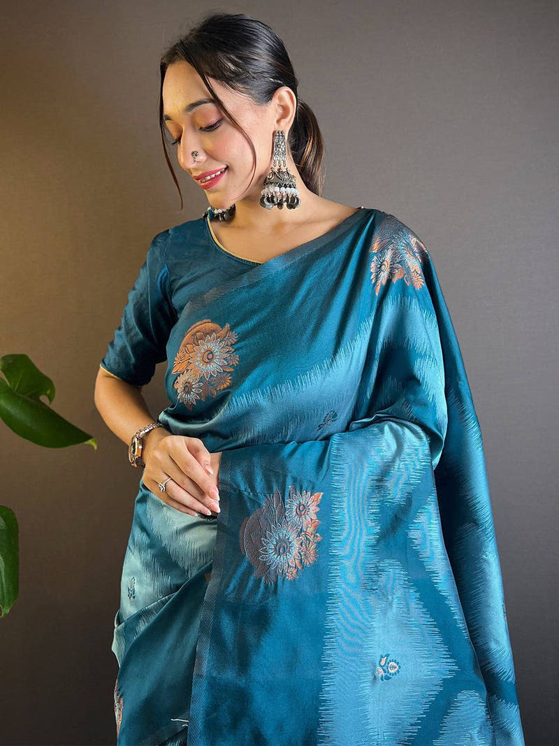 Blue Tussar Silk Ikkat Weaving Saree