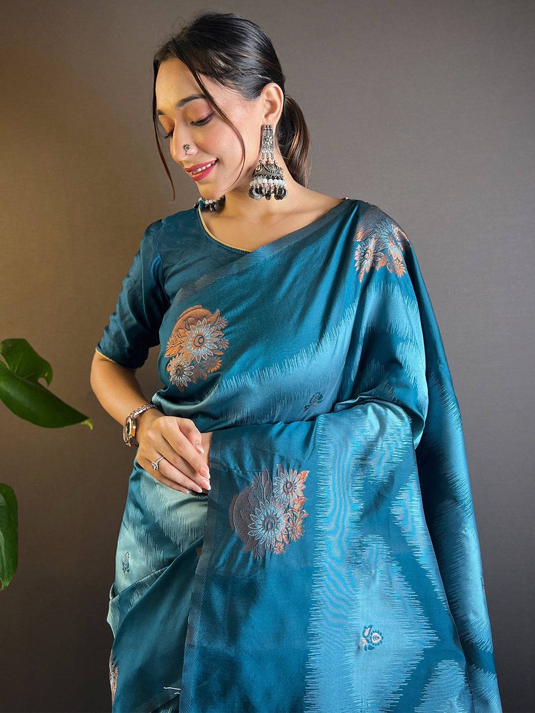 Blue Tussar Silk Ikkat Weaving Saree