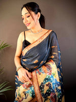 Navy Chanderi Floral Kalamkari Digital Print Saree