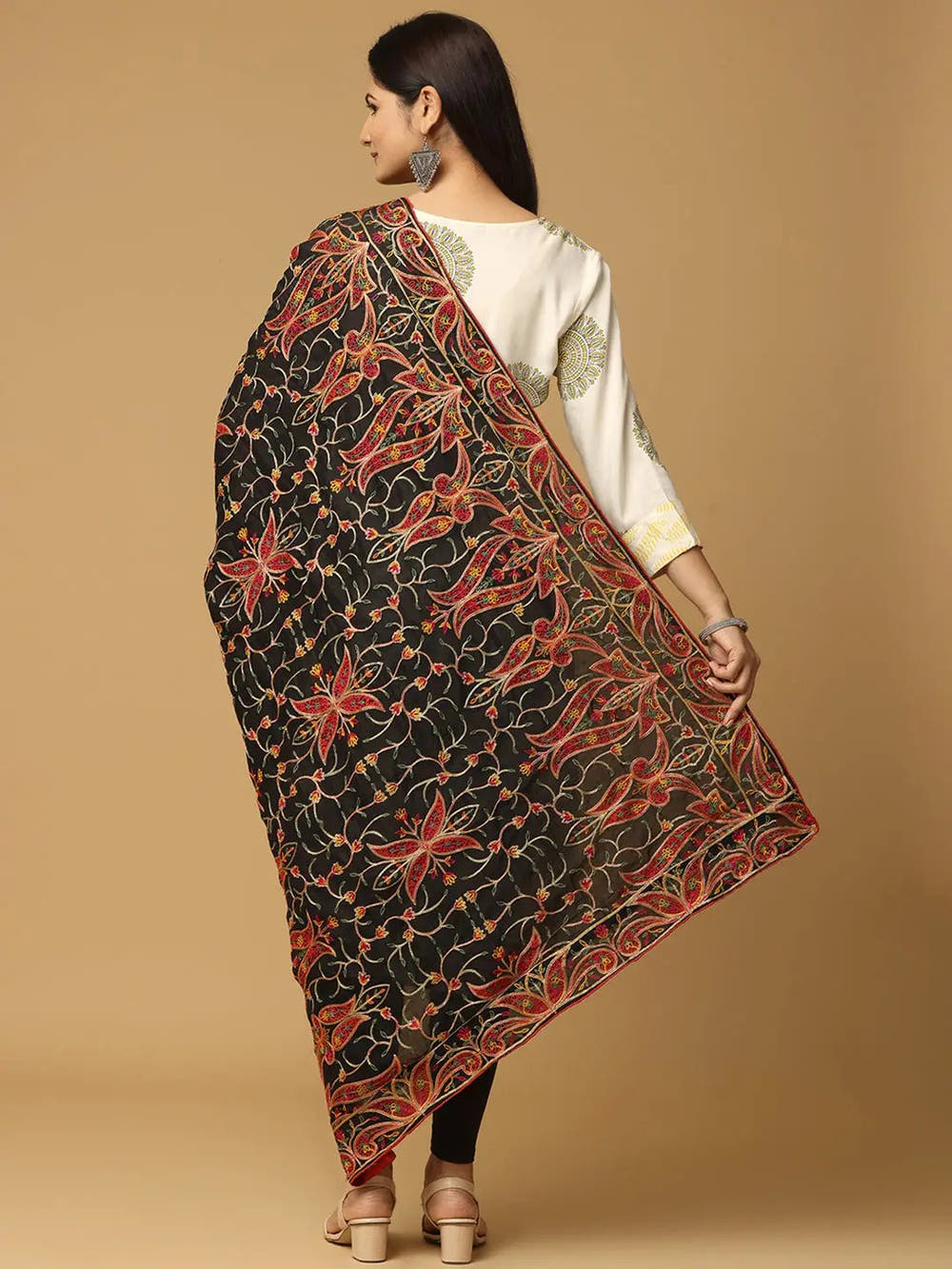 Black Brown Floral Vine Pashmina Dupatta