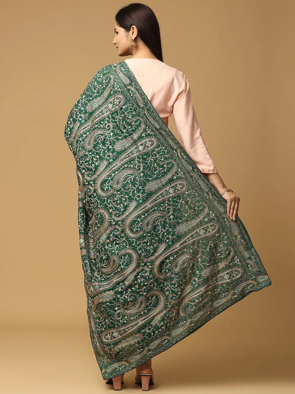Dark Green Tonal Paisley Pashmina Dupatta