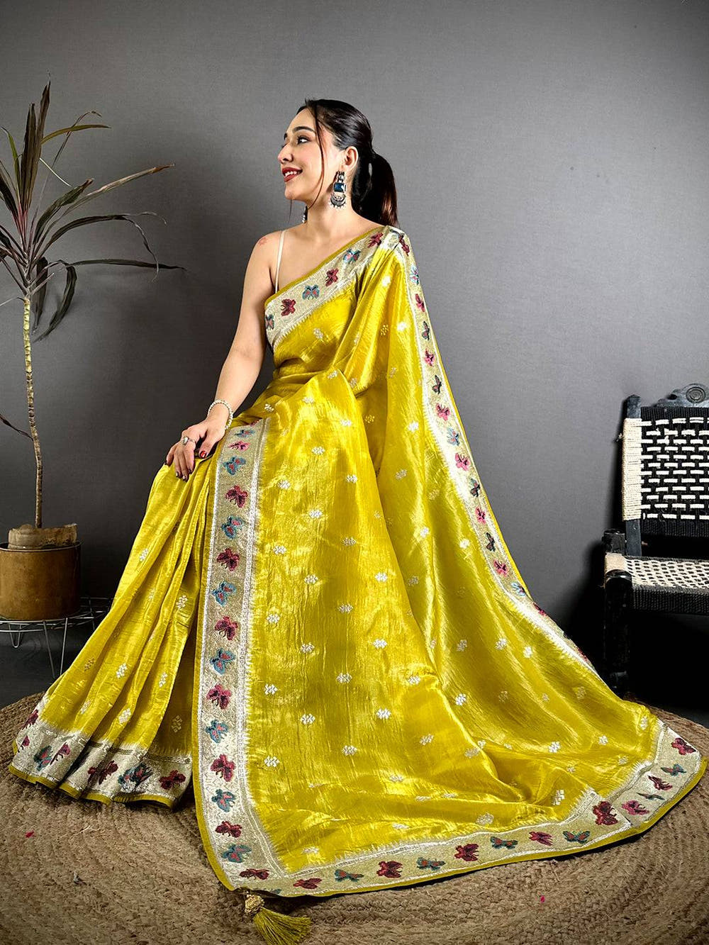Yellow Crush Silk Zari Embroidered Saree