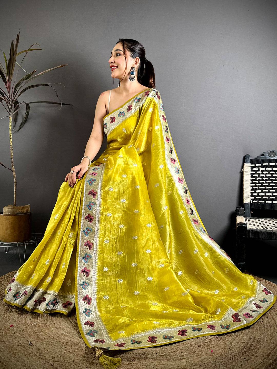 Yellow Crush Silk Zari Embroidered Saree