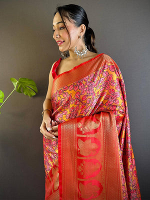 Yellow Charry Satin Floral Saree