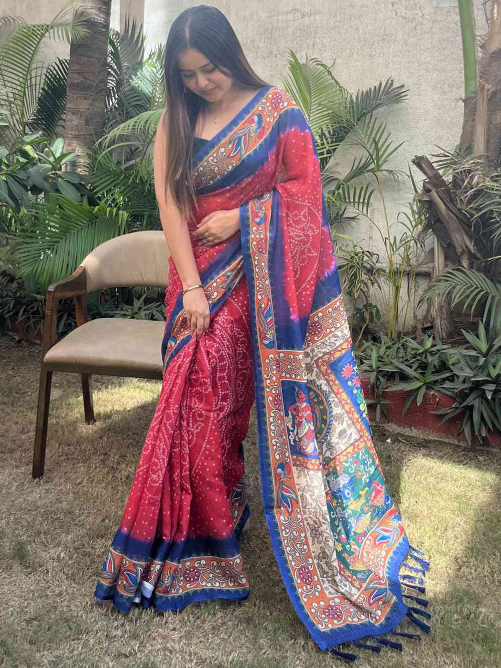 Red Colour Design Linen Saree with Bandhej and kalamkari Digital Print