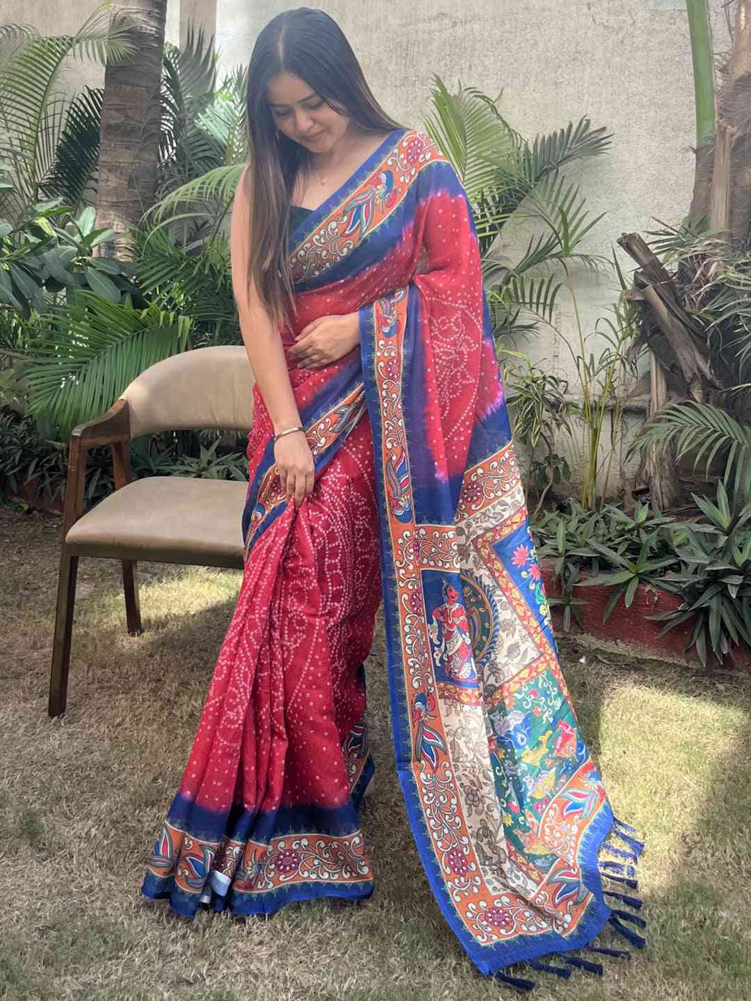 Red Colour Design Linen Saree with Bandhej and kalamkari Digital Print