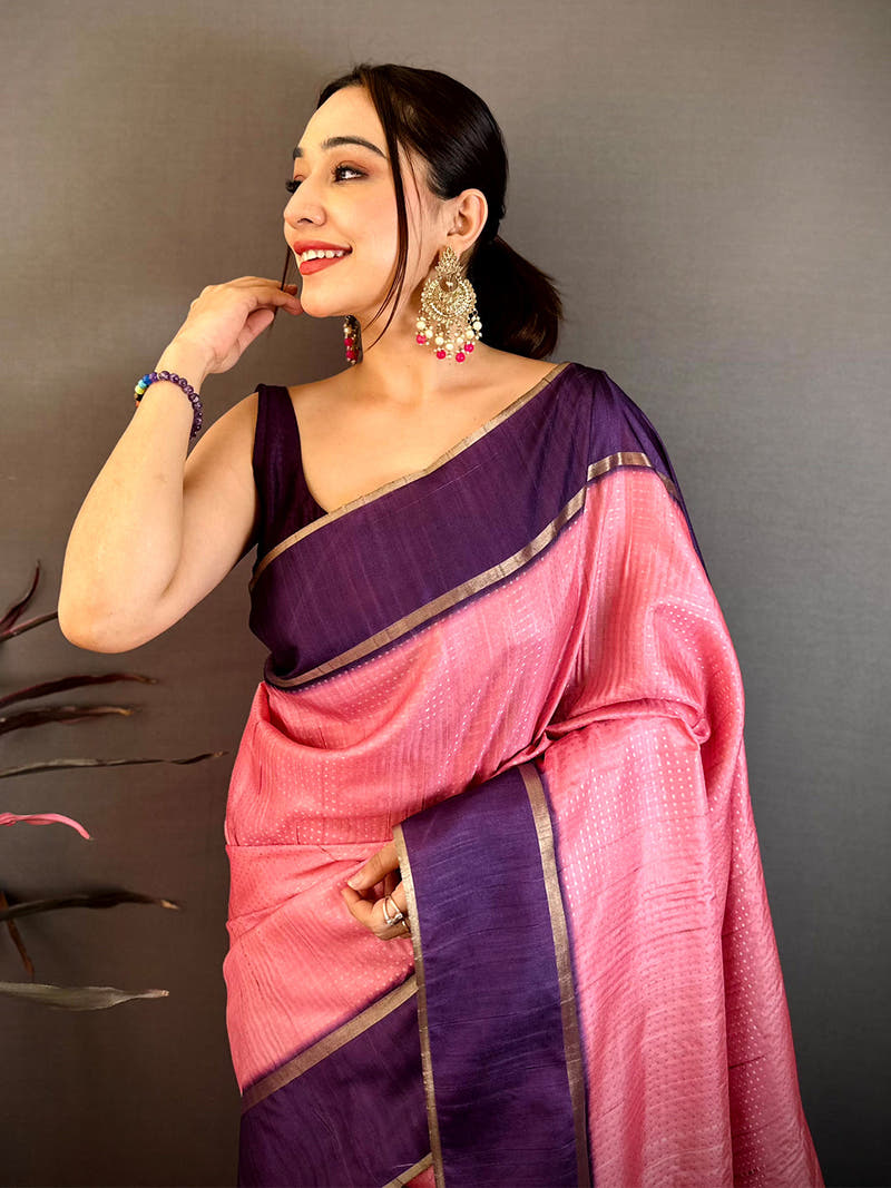 Rose Pink Tussar Gold Zari 1000 Butti Saree