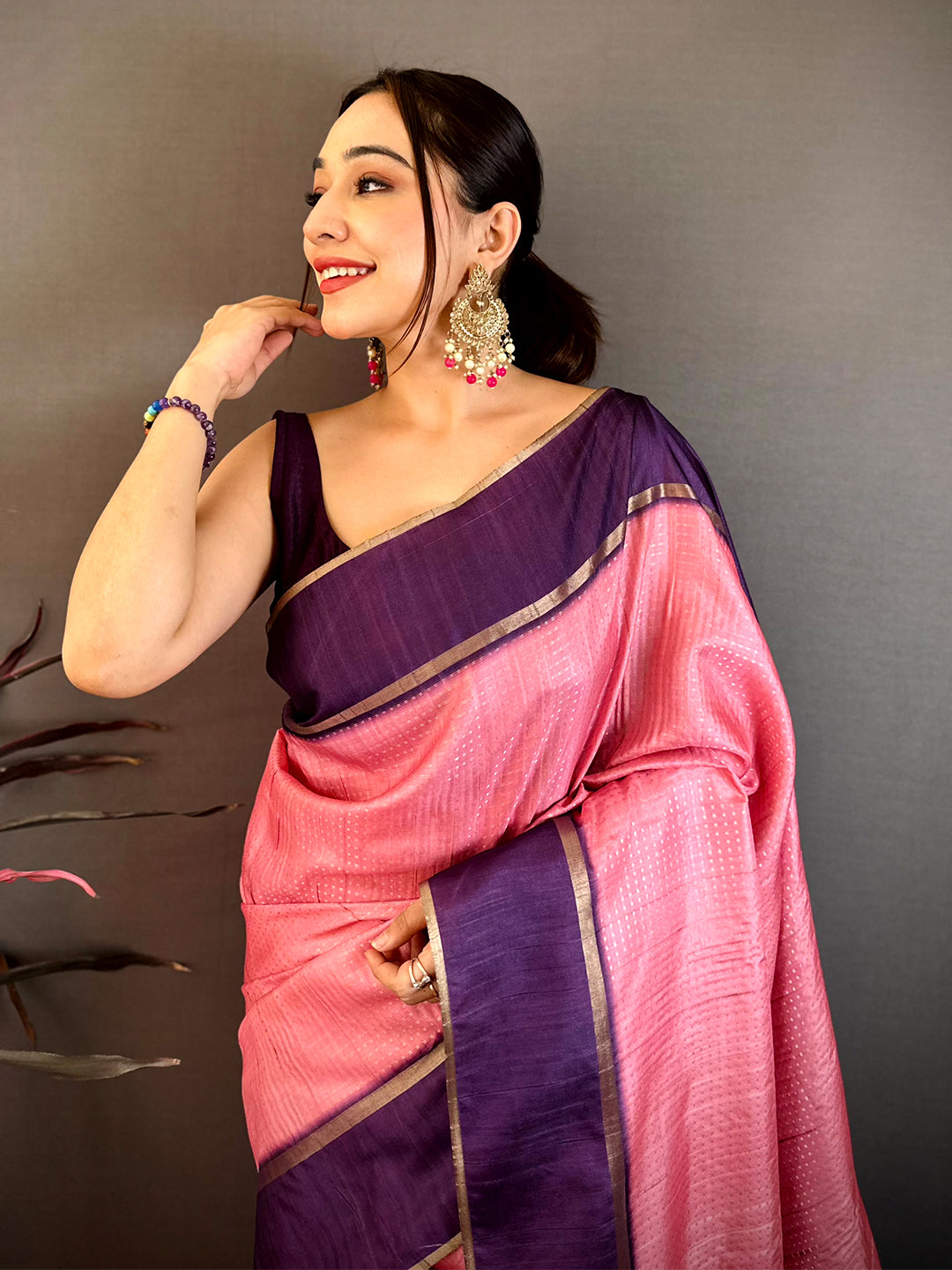Rose Pink Tussar Gold Zari 1000 Butti Saree