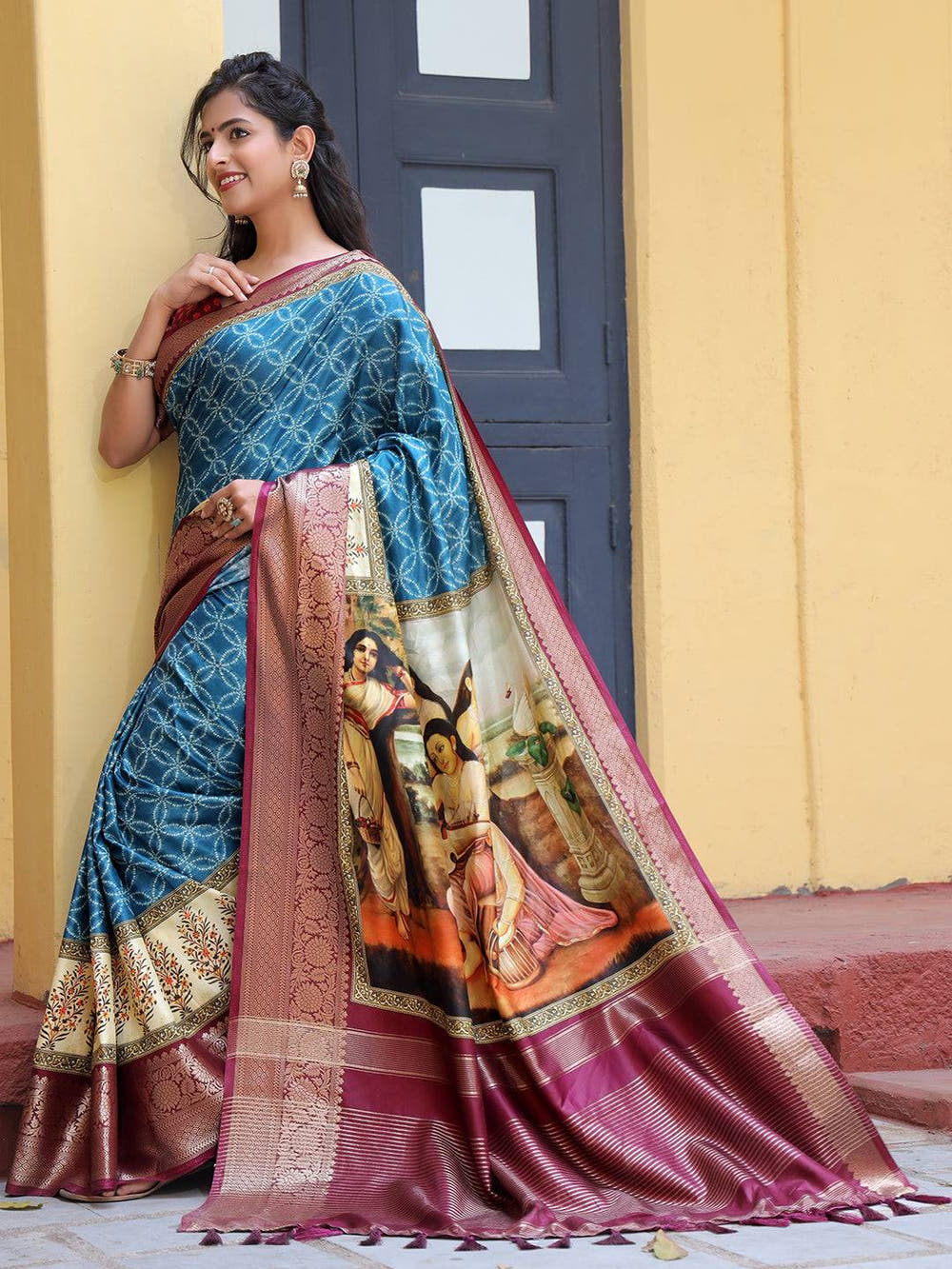 Royal Blue Pure Viscose Dola Silk Saree With Kalamkari And Mughal Print - Luxe