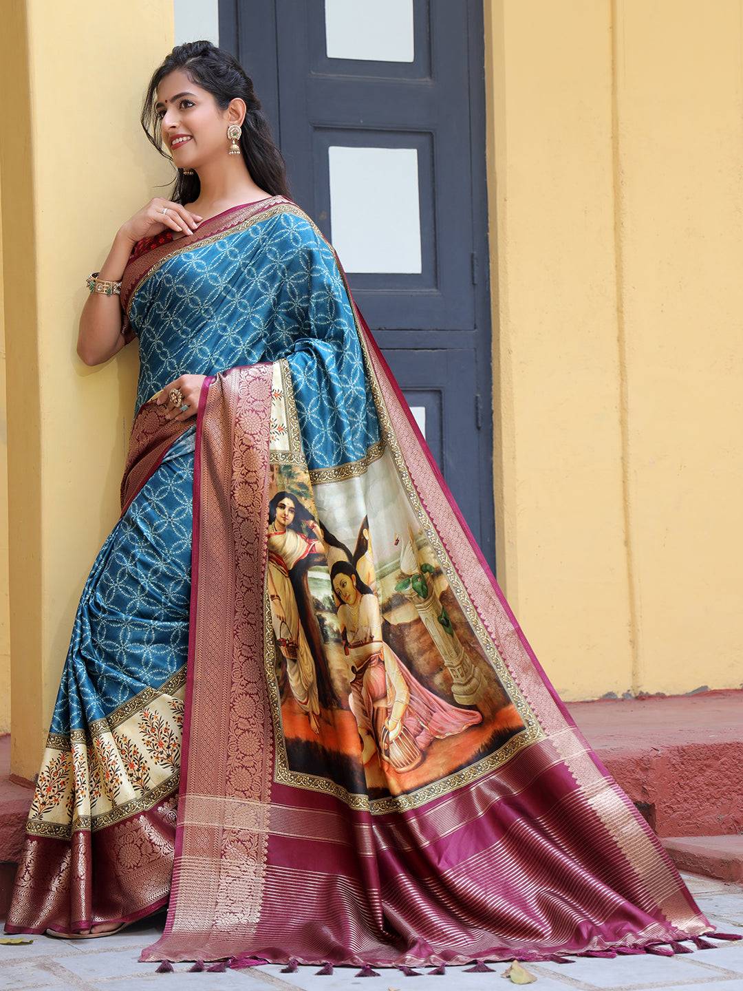 Royal Blue Pure Viscose Dola Silk Saree With Kalamkari And Mughal Print - Luxe