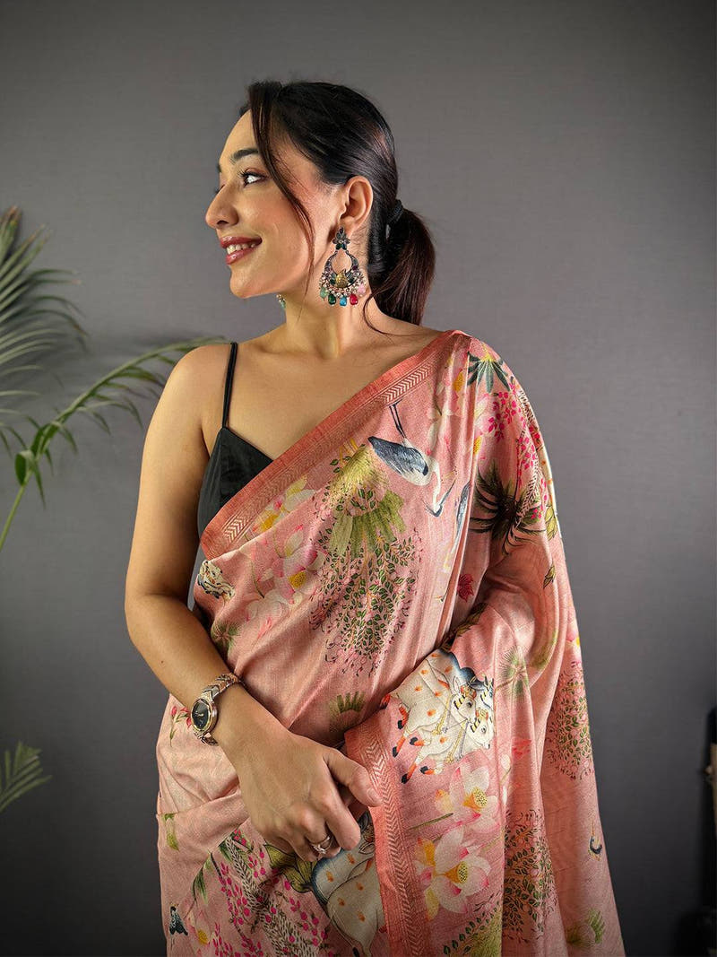 Rose Pink Pichwai Print Tussar Silk Saree