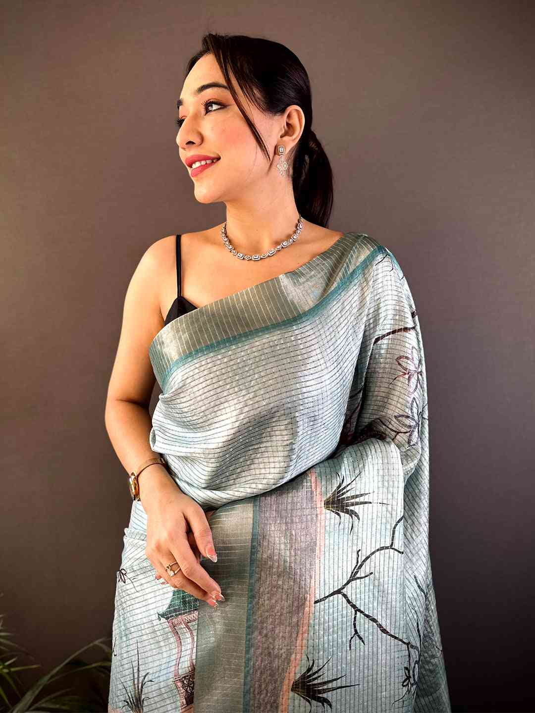 Powder Blue Tussar Chex Japanese Print Saree