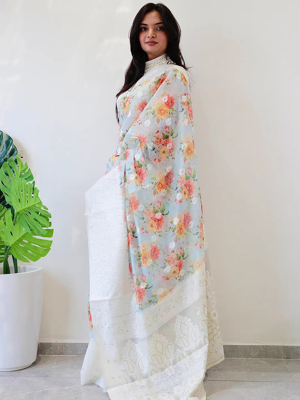 Multi Colour Digital Print Bollywood Saree in Lakhnavi Slub Pattern