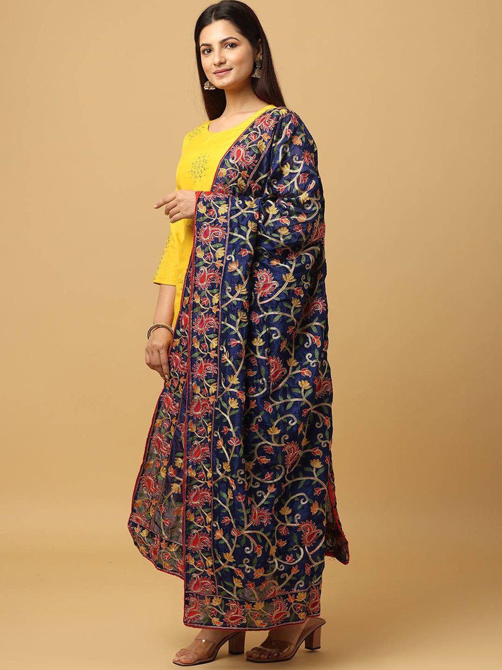 Navy Bright Floral Jaal Pashmina Dupatta