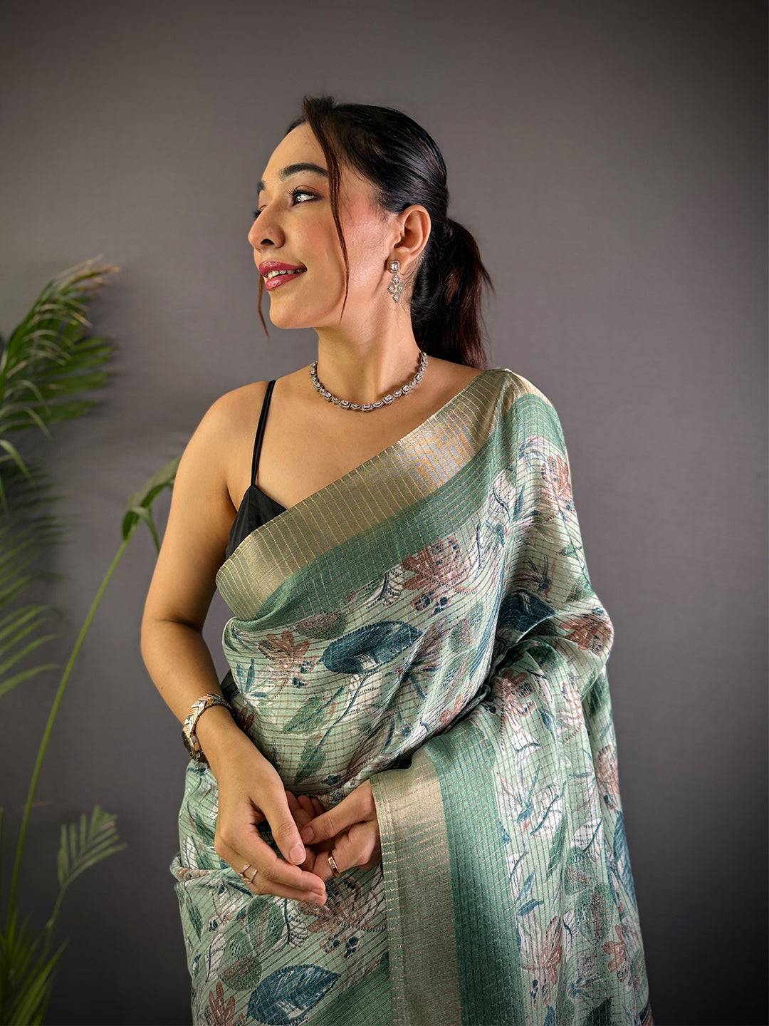 Green Tussar Chex Floral Print Saree
