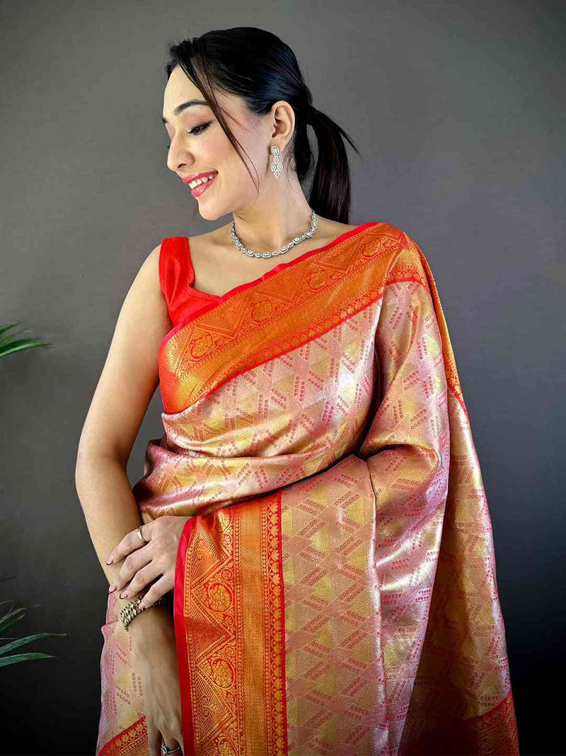 Red Golden Geometrics With Floral Elegance Saree