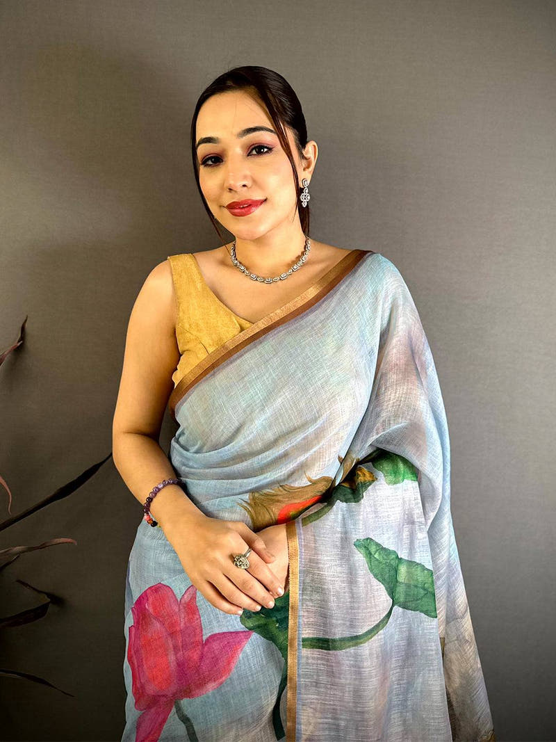 Sky Blue Pen Kalamkari Linen Saree