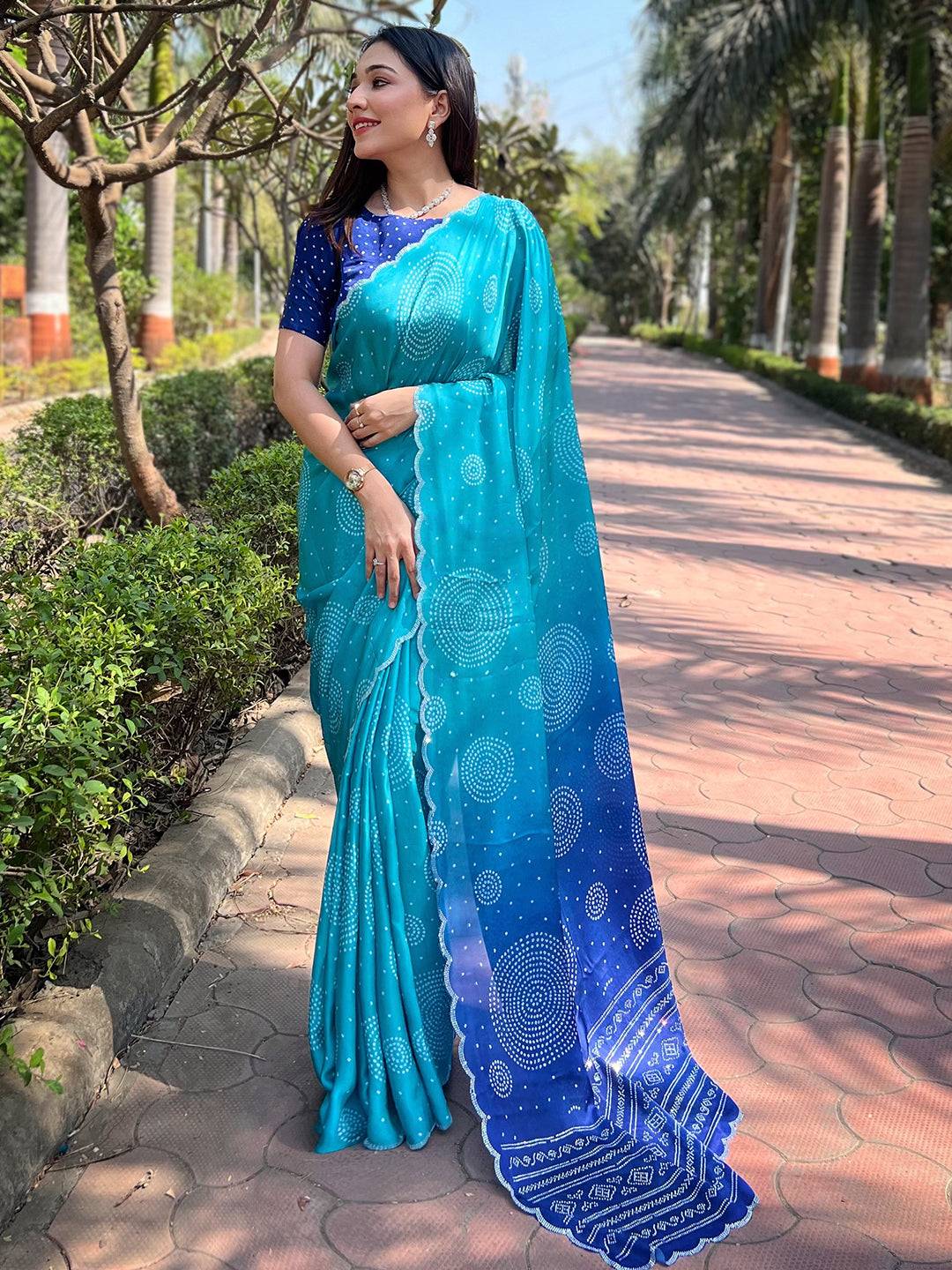 Turquoise Ombre Bandhej Georgette Silk Saree