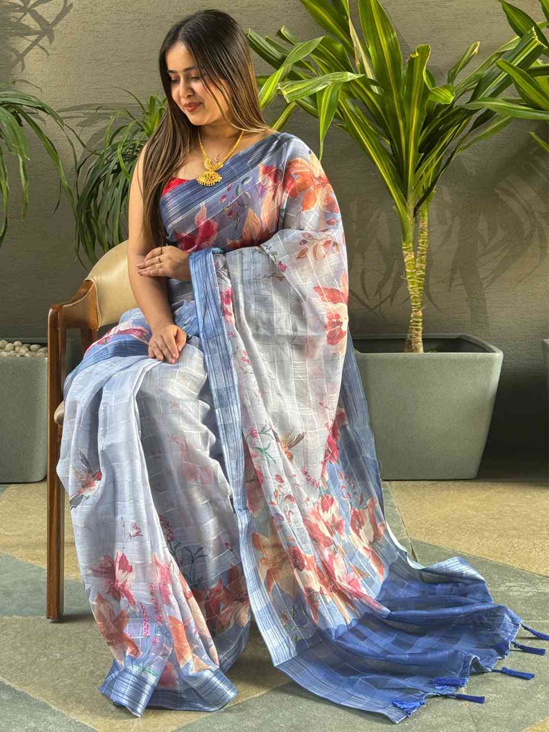Blue Colour Traditional Self Zari Chex Weaving Floral Print Saree
