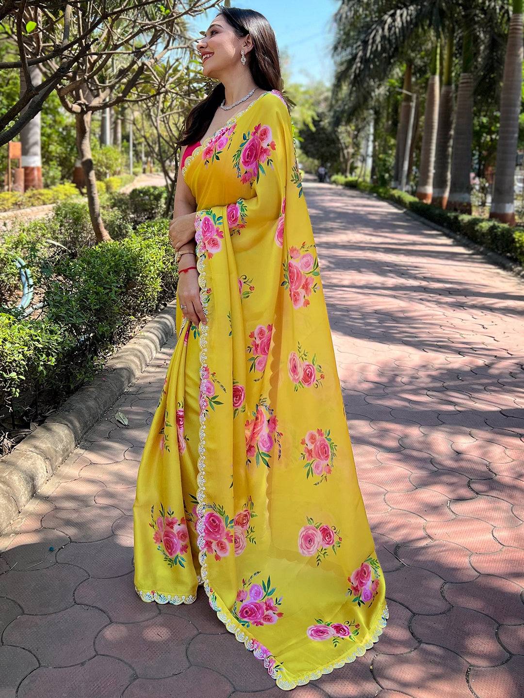 Yellow Satin Georgette Floral Print Saree