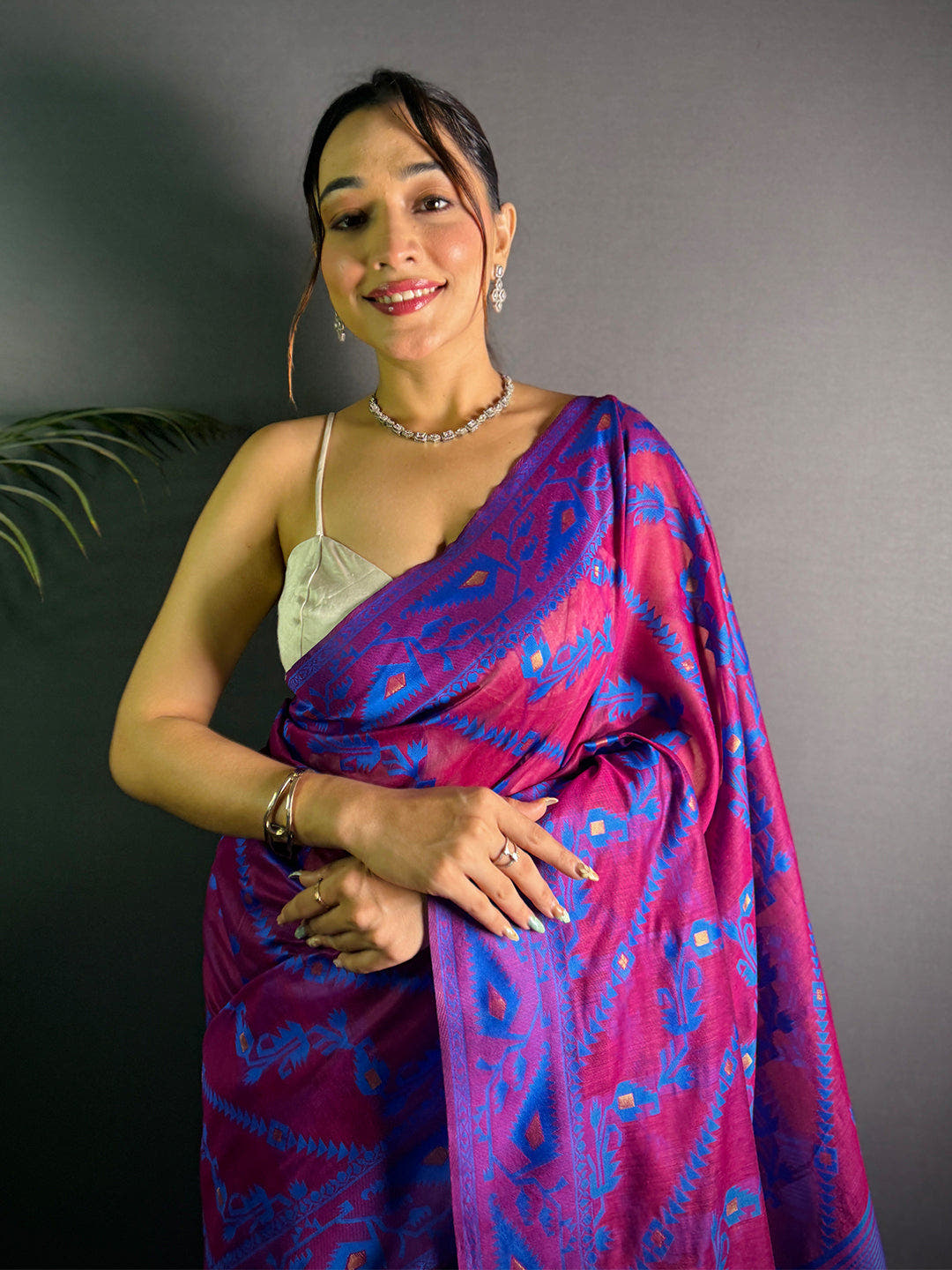 Wine Cotton Silk Dhakai Jamdani Saree