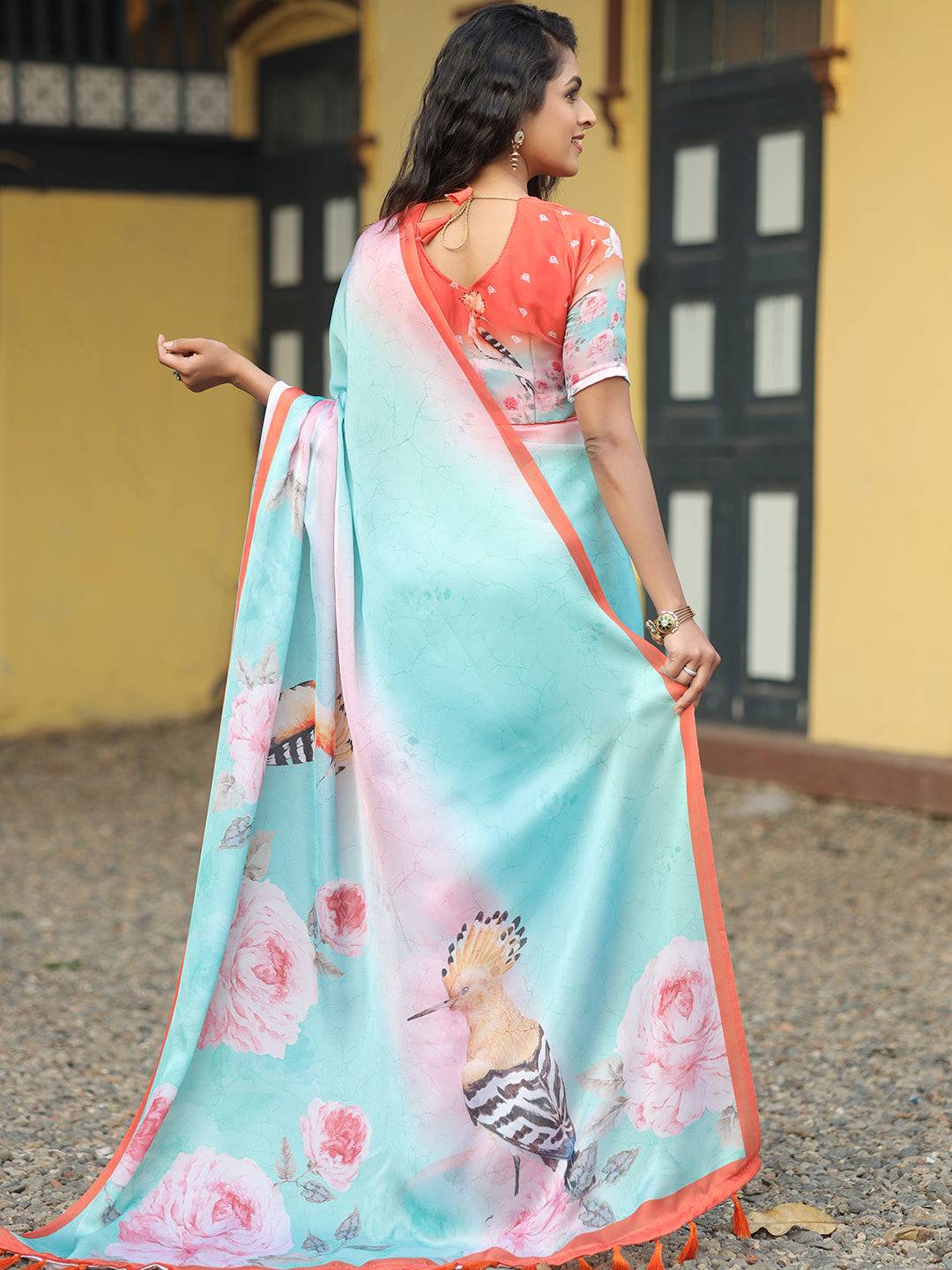 Satin Georgette Light Green Colour Hand Print Saree - Luxe