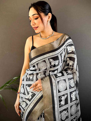 Black Tussar Chex Digital Kalamkari Print Saree