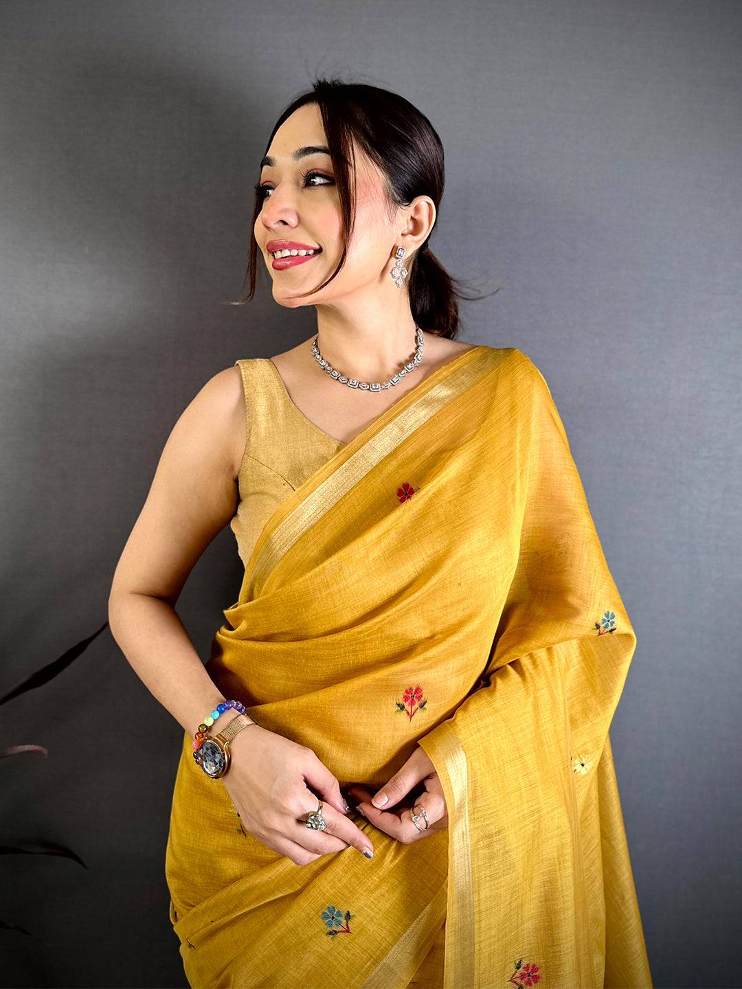 Mustard Minakari Khadi Cotton Saree