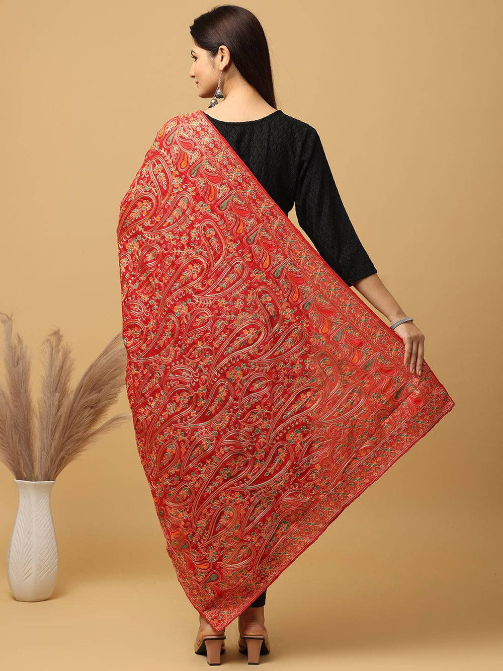 Red Fine Floral Paisley Pashmina Dupatta